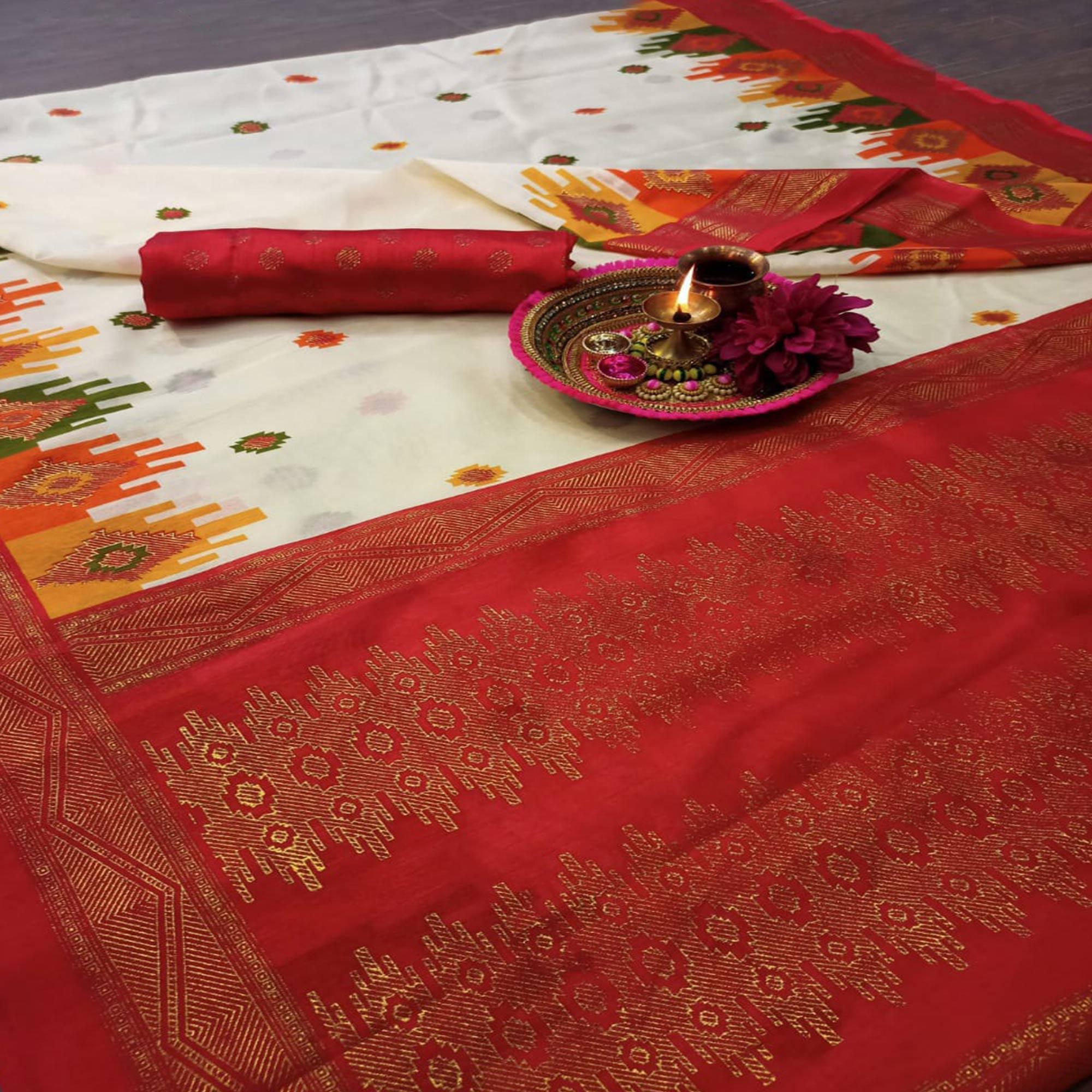 Attractive Cream-Red Colored Festive Wear Tample Foli Print Patola Silk Saree - Peachmode