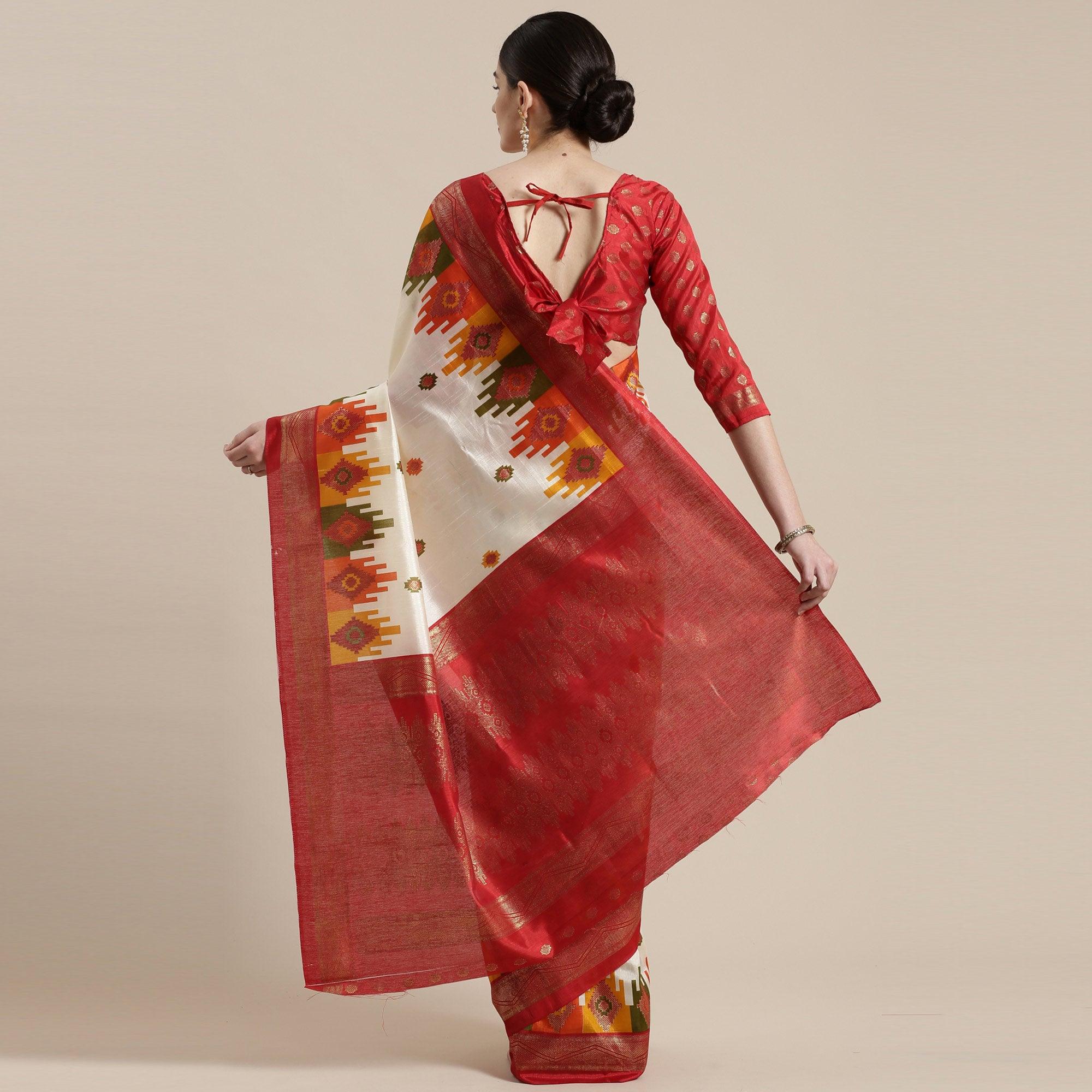 Attractive Cream-Red Colored Festive Wear Tample Foli Print Patola Silk Saree - Peachmode