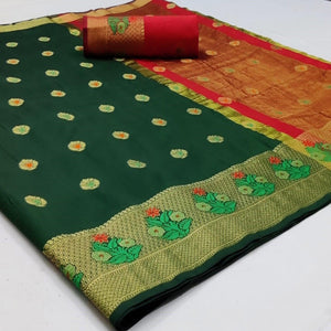 Attractive Dark Green Colored Festive Wear Woven Soft Silk Saree - Peachmode