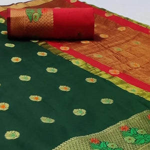 Attractive Dark Green Colored Festive Wear Woven Soft Silk Saree - Peachmode