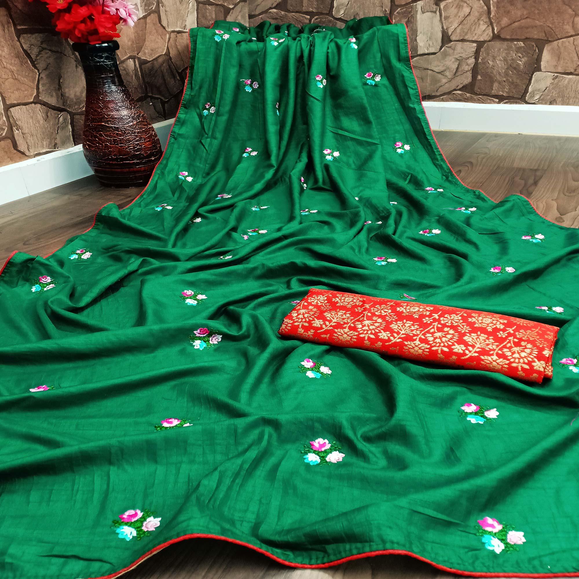 Attractive Dark Green Colored Partywear Embroidered Dola Silk Saree - Peachmode