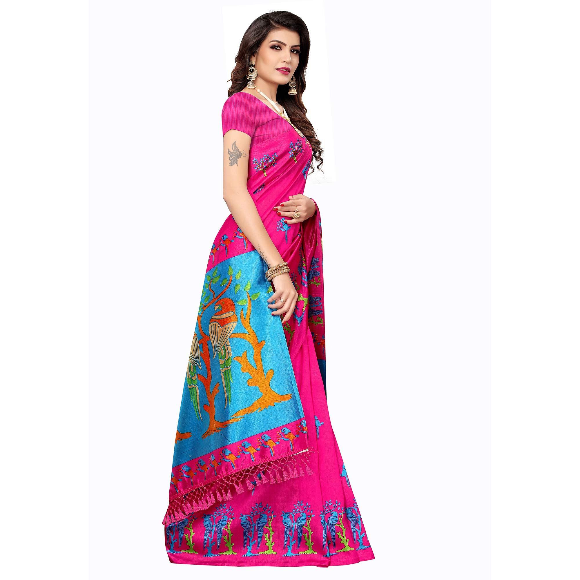 Attractive Dark Pink Colored Festive Wear Parrot Printed Art Silk Saree - Peachmode