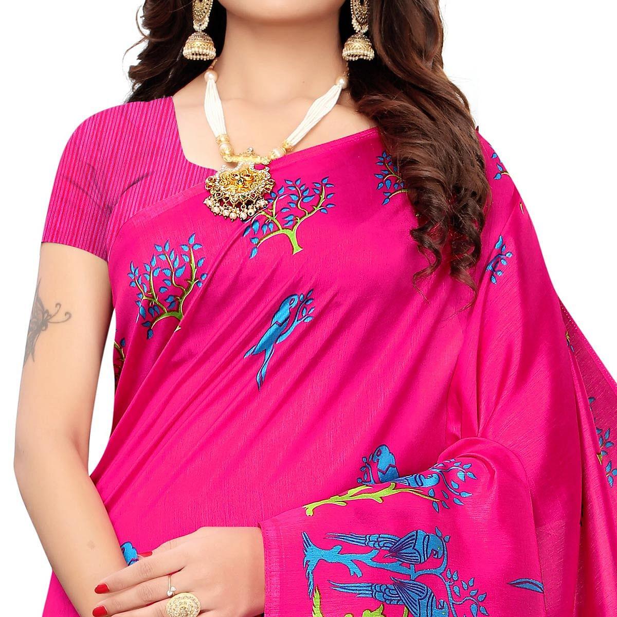Attractive Dark Pink Colored Festive Wear Parrot Printed Art Silk Saree - Peachmode