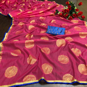 Attractive Dark Pink Colored Festive Wear Woven Cotton Saree - Peachmode