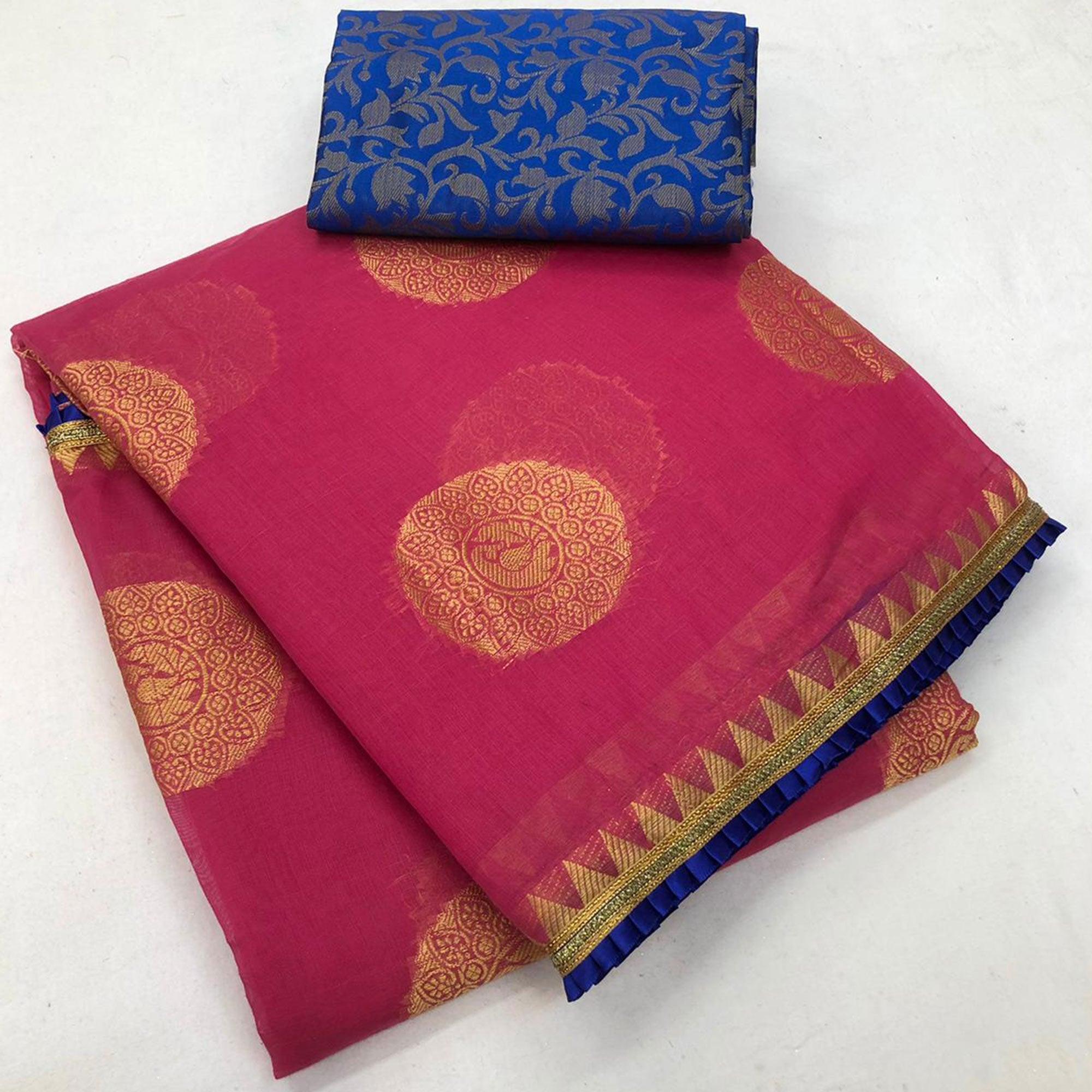Attractive Dark Pink Colored Festive Wear Woven Cotton Saree - Peachmode