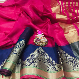 Attractive Dark Pink Colored Festive Wear Woven Heavy Cotton Saree - Peachmode