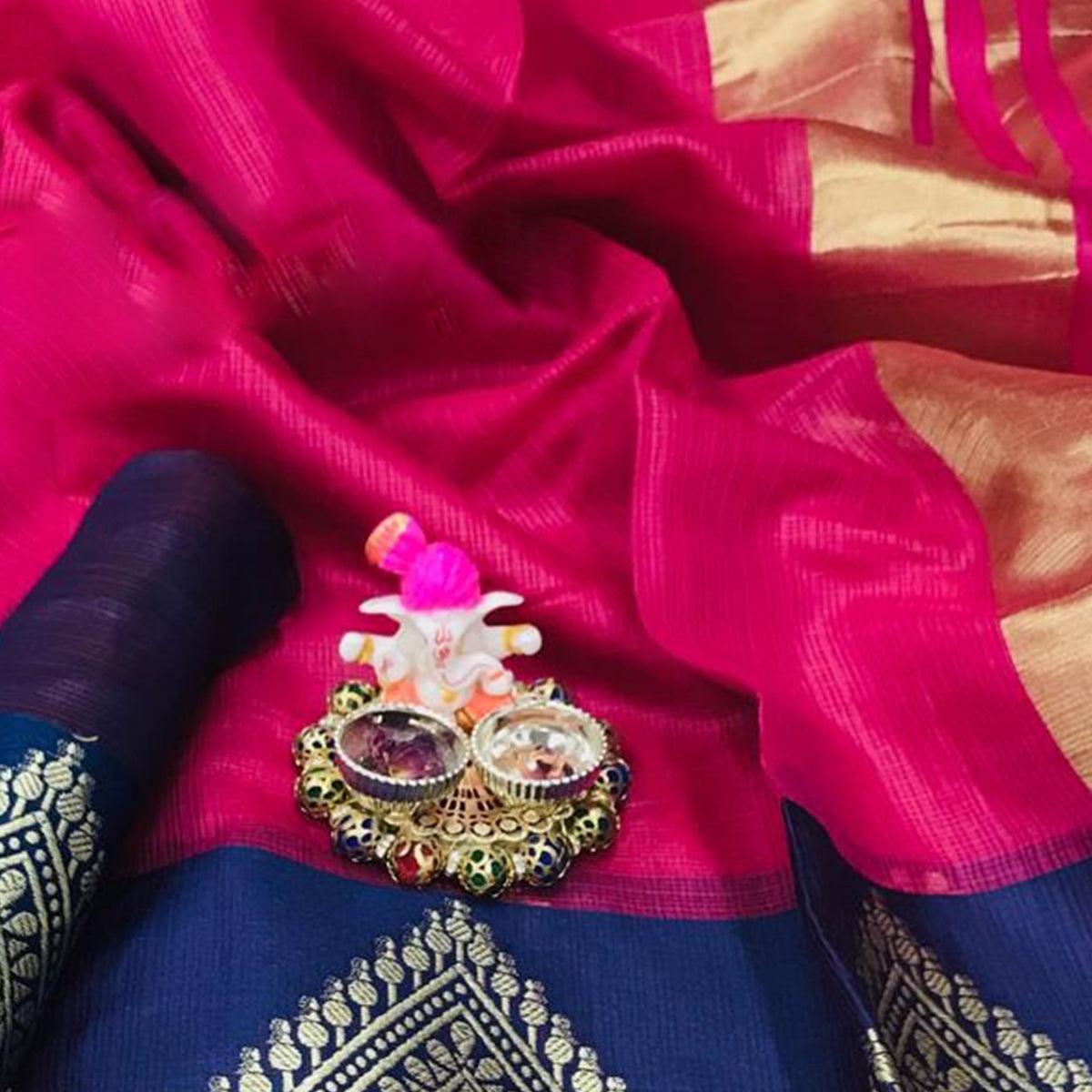 Attractive Dark Pink Colored Festive Wear Woven Heavy Cotton Saree - Peachmode