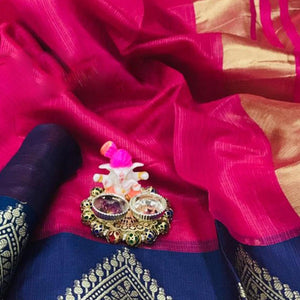 Attractive Dark Pink Colored Festive Wear Woven Heavy Cotton Saree - Peachmode