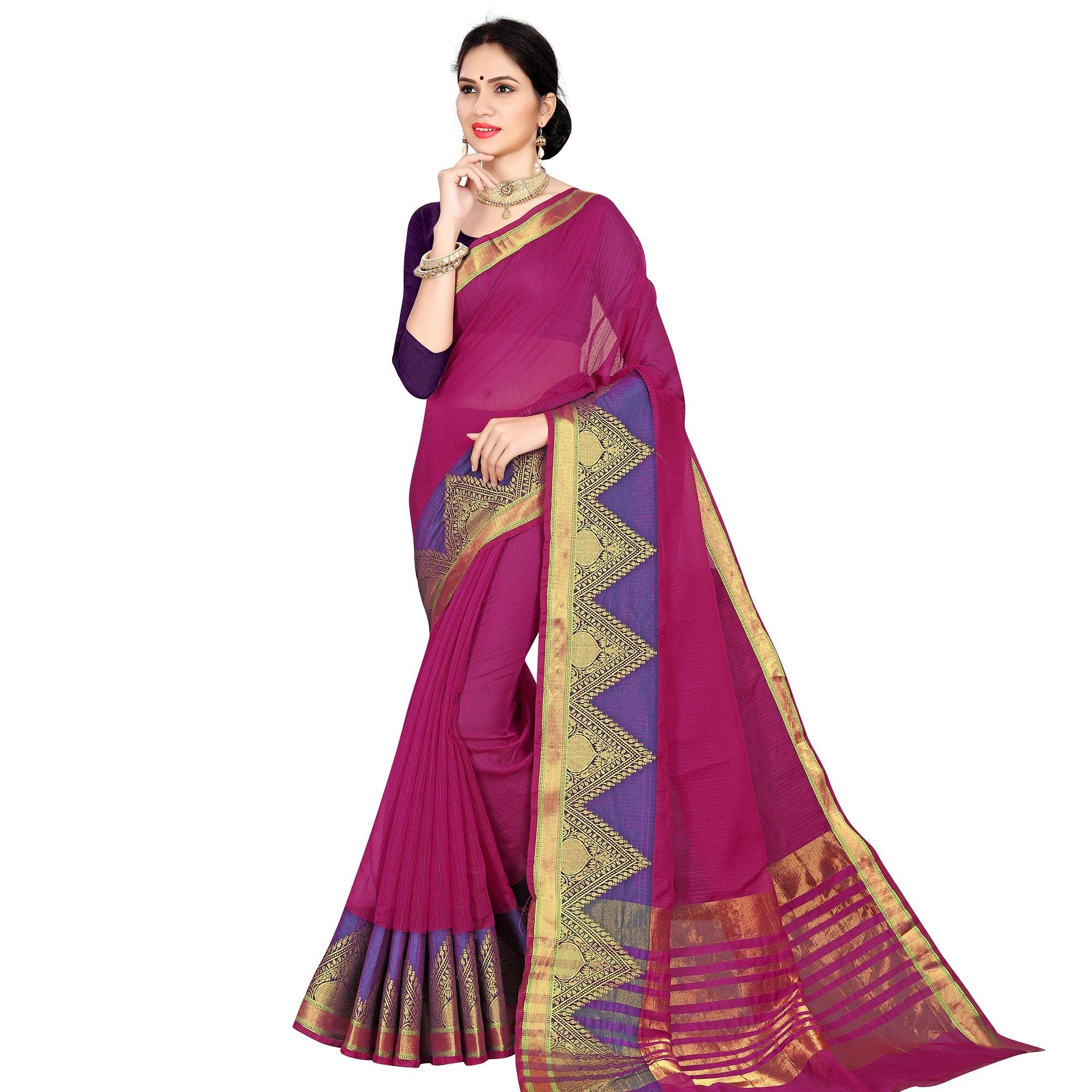 Attractive Dark Pink Colored Festive Wear Woven Heavy Cotton Saree - Peachmode