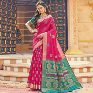 Attractive Dark Pink Colored Festive Wear Woven Silk Saree - Peachmode