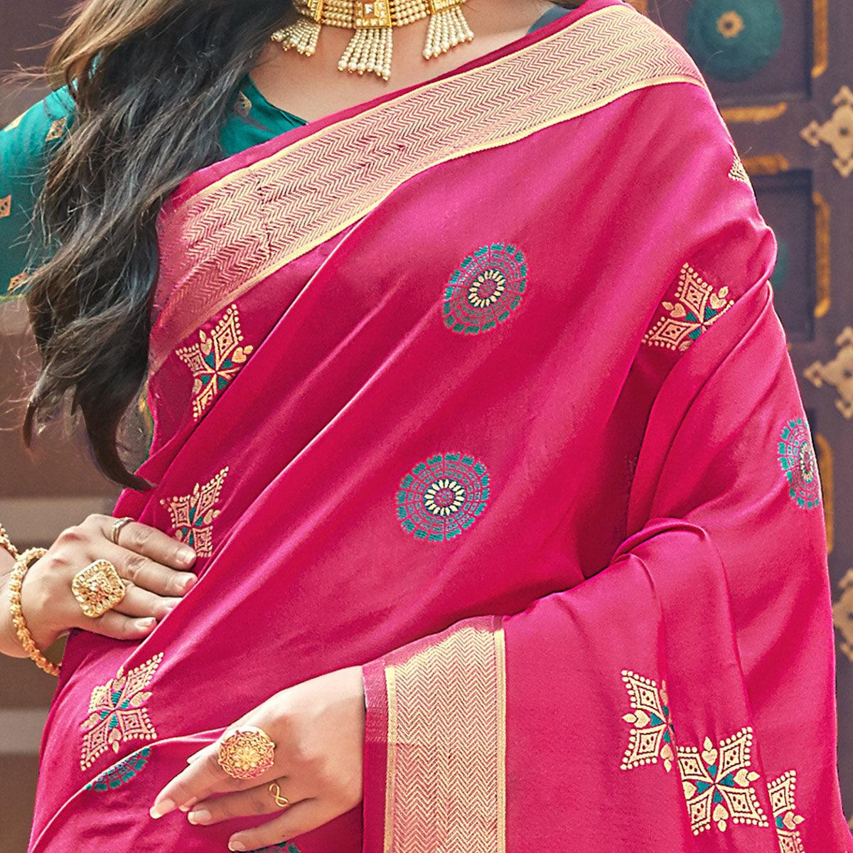 Attractive Dark Pink Colored Festive Wear Woven Silk Saree - Peachmode