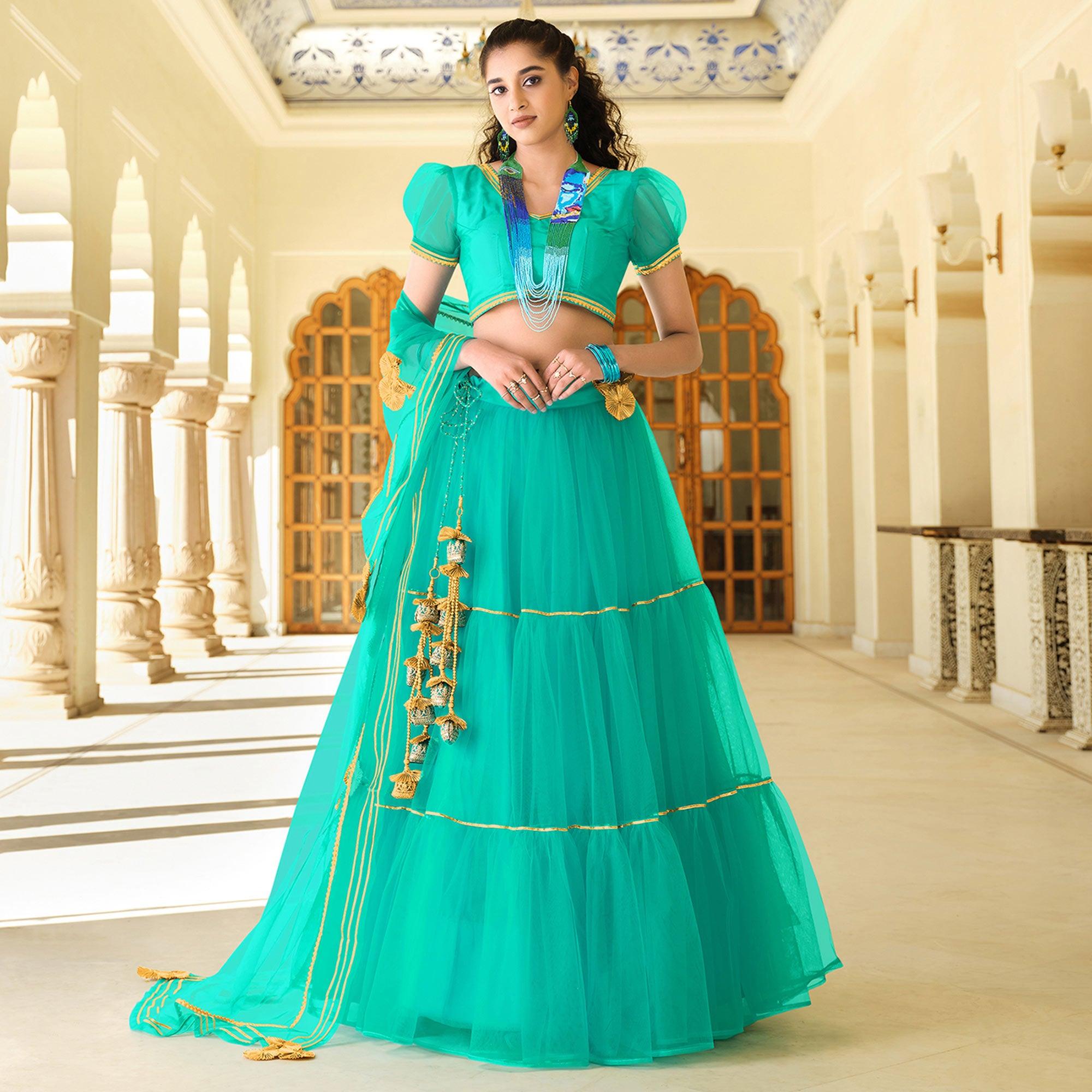 Attractive Dark Turquoise Colored Wedding Wear Designer Gotta Patti Pattern Butterfly Net Lehenga Choli - Peachmode