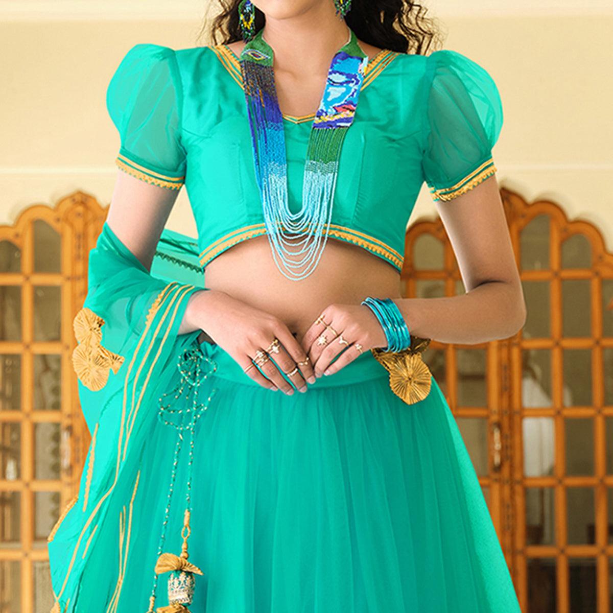 Attractive Dark Turquoise Colored Wedding Wear Designer Gotta Patti Pattern Butterfly Net Lehenga Choli - Peachmode