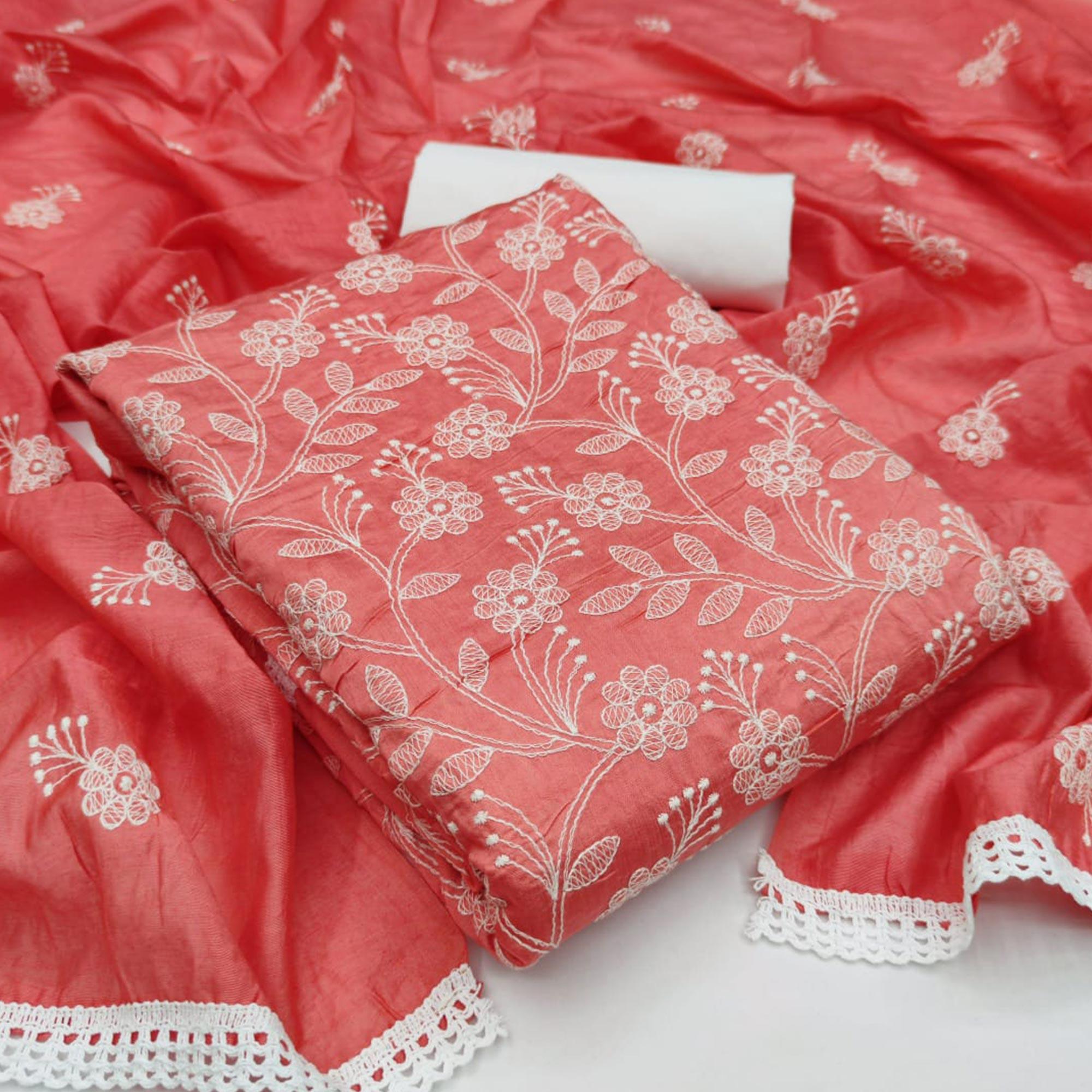 Attractive Gajari Pink Colored Casual Wear Embroidered Chanderi Dywel Dress Material - Peachmode