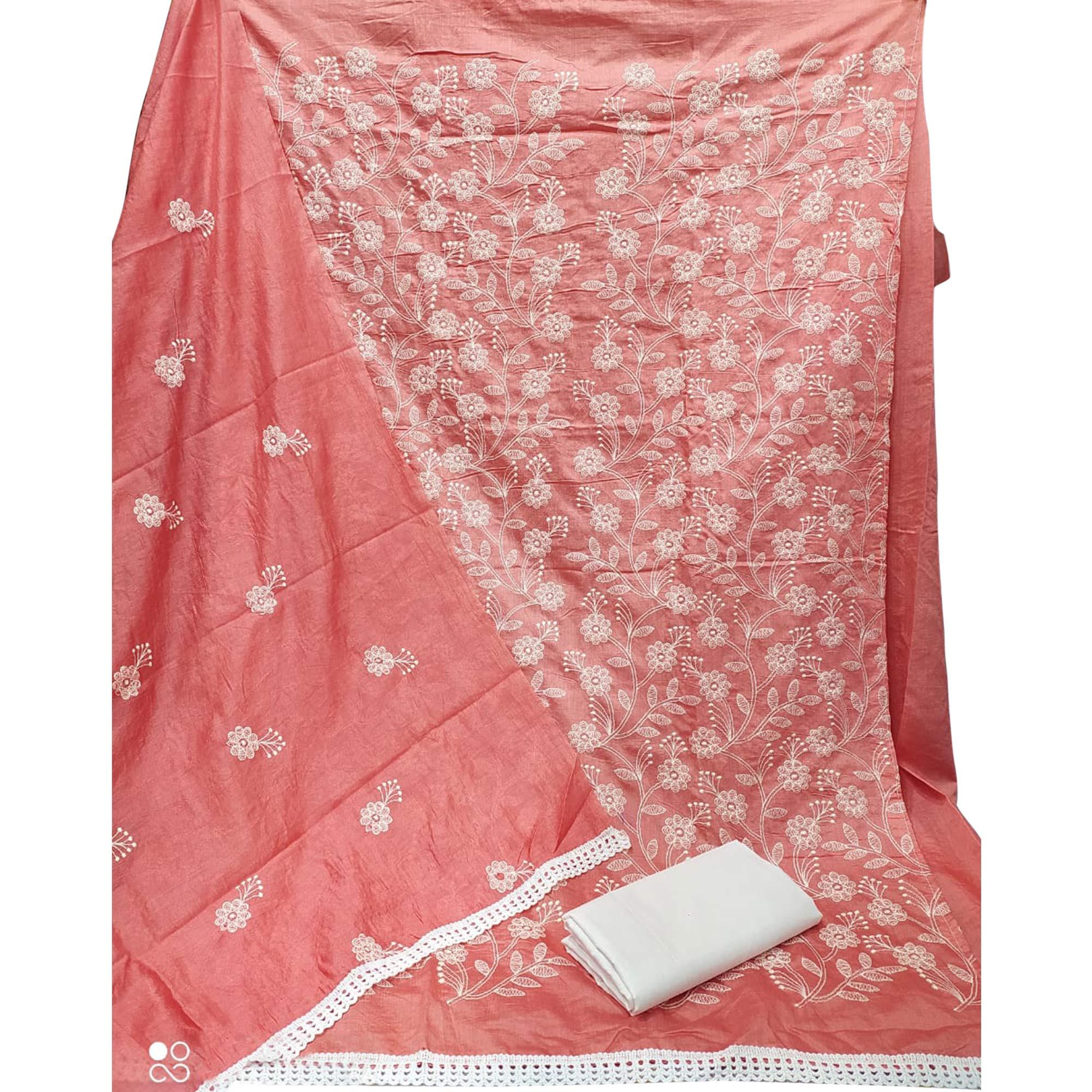 Attractive Gajari Pink Colored Casual Wear Embroidered Chanderi Dywel Dress Material - Peachmode