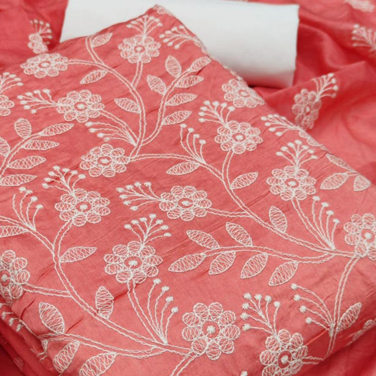 Attractive Gajari Pink Colored Casual Wear Embroidered Chanderi Dywel Dress Material - Peachmode