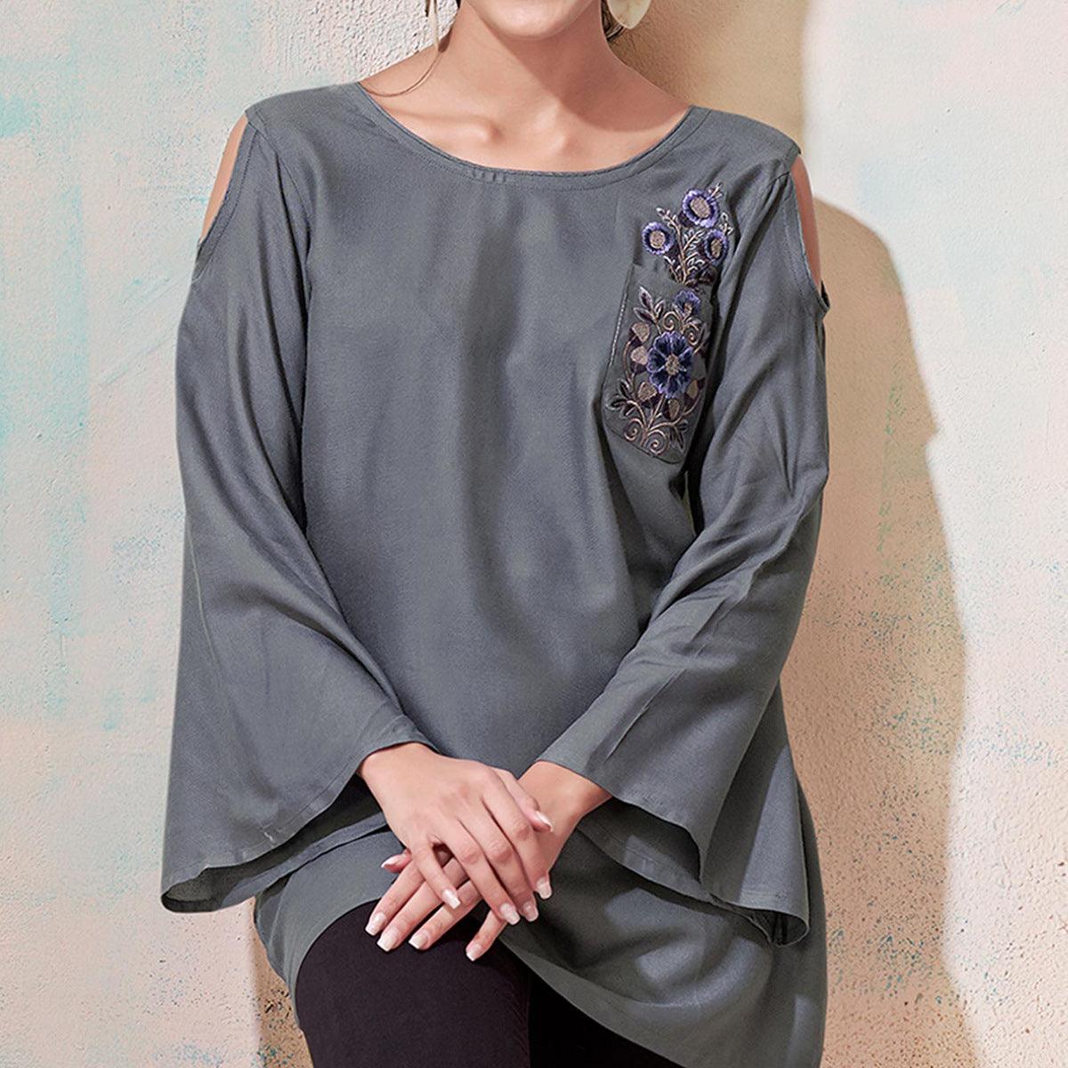 Attractive Gray Colored Partywear Embroidered Rayon Western Top - Peachmode