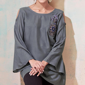 Attractive Gray Colored Partywear Embroidered Rayon Western Top - Peachmode