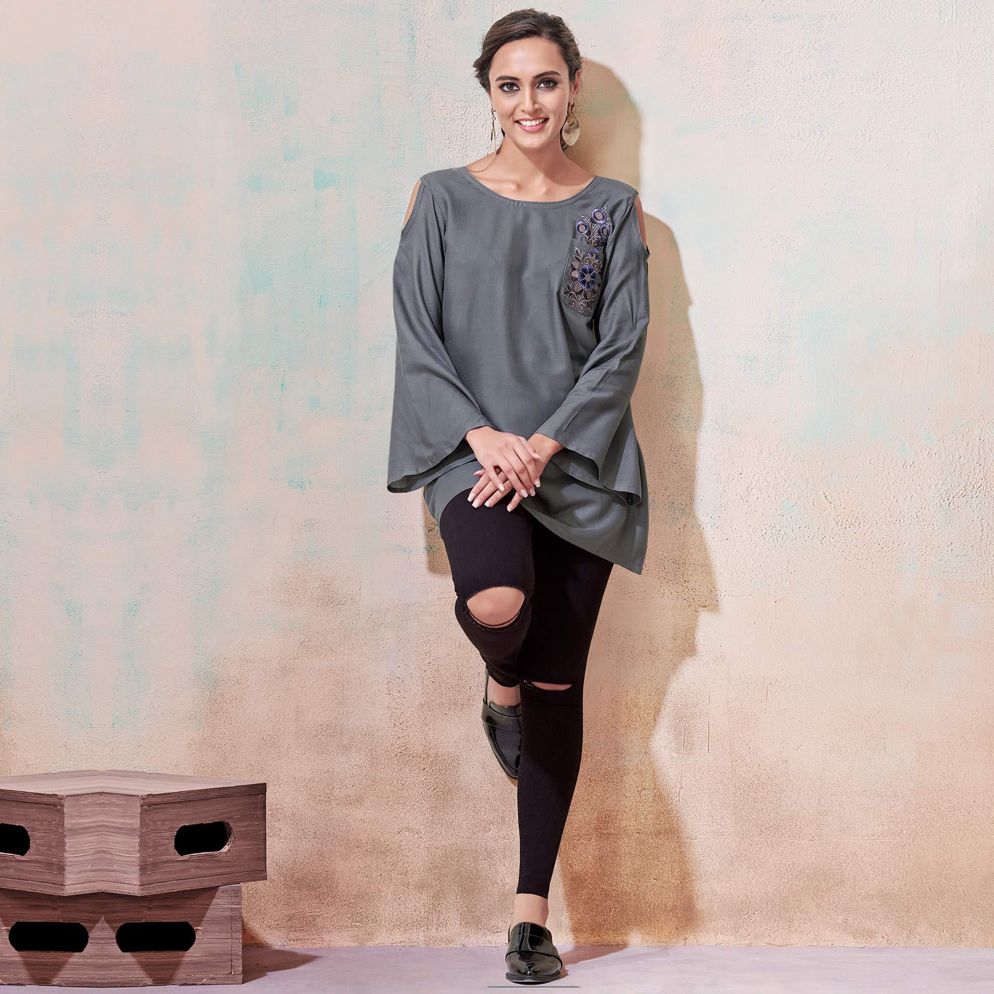 Attractive Gray Colored Partywear Embroidered Rayon Western Top - Peachmode