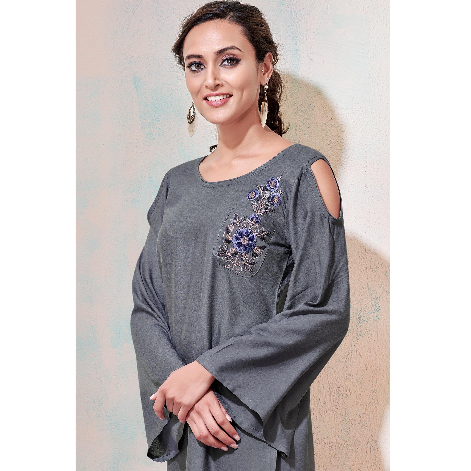 Attractive Gray Colored Partywear Embroidered Rayon Western Top - Peachmode