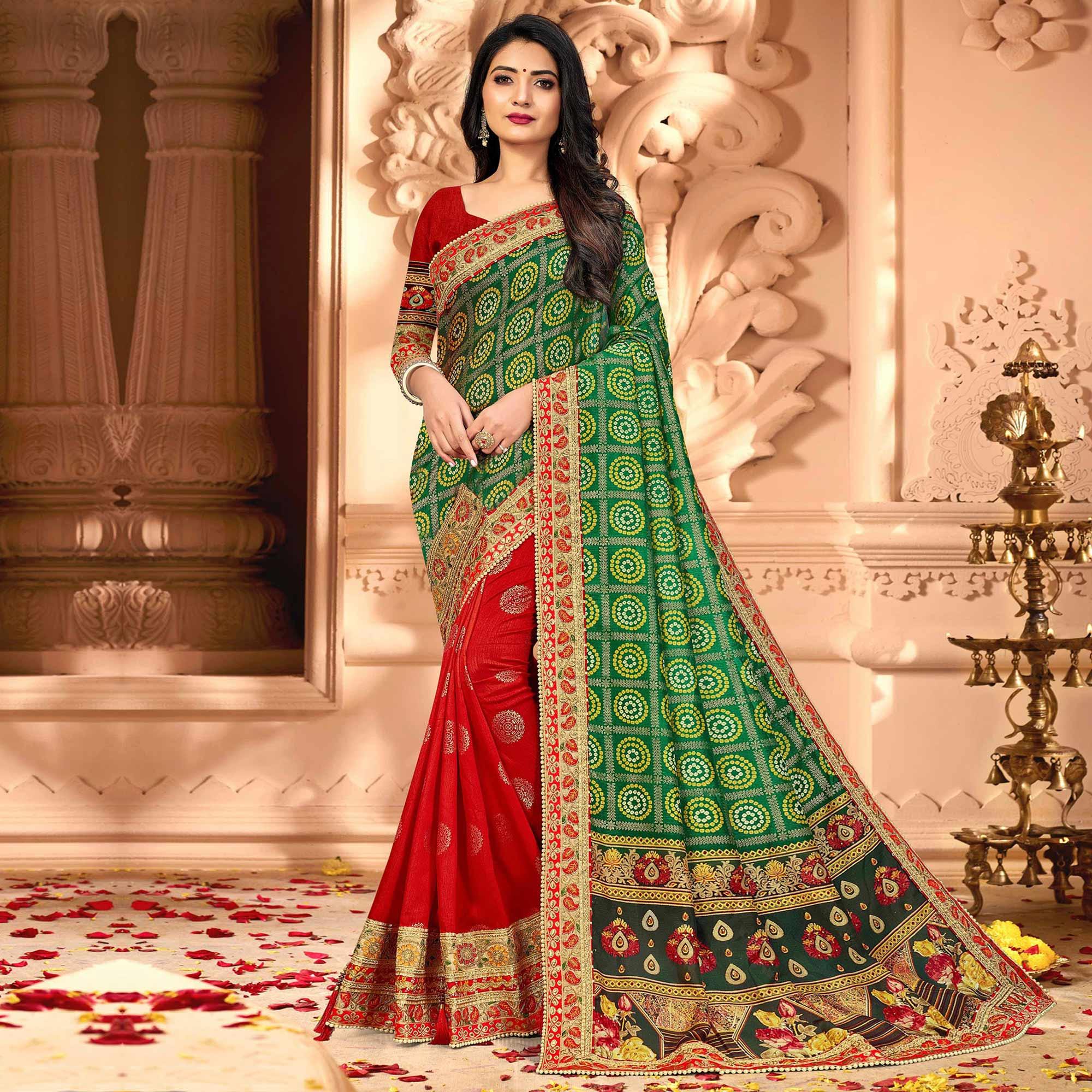 Attractive Green & Red Coloured Partywear Diamond Work Half & Half Art Silk Saree - Peachmode