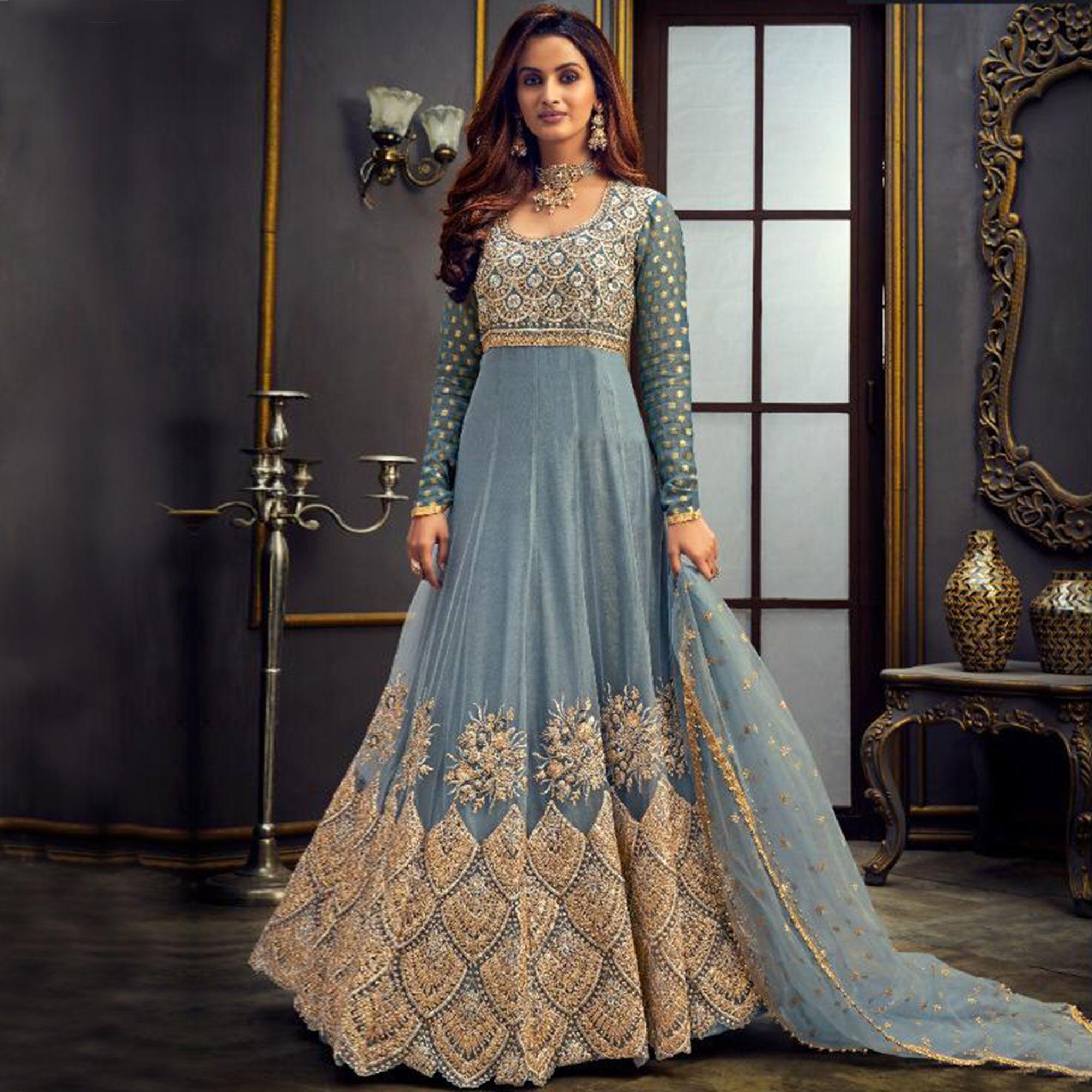 Attractive Green-Beige Coloured Embroidered Partywear Butterfly Net Anarkali Suit - Peachmode