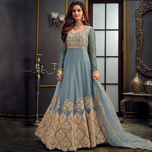 Attractive Green-Beige Coloured Embroidered Partywear Butterfly Net Anarkali Suit - Peachmode