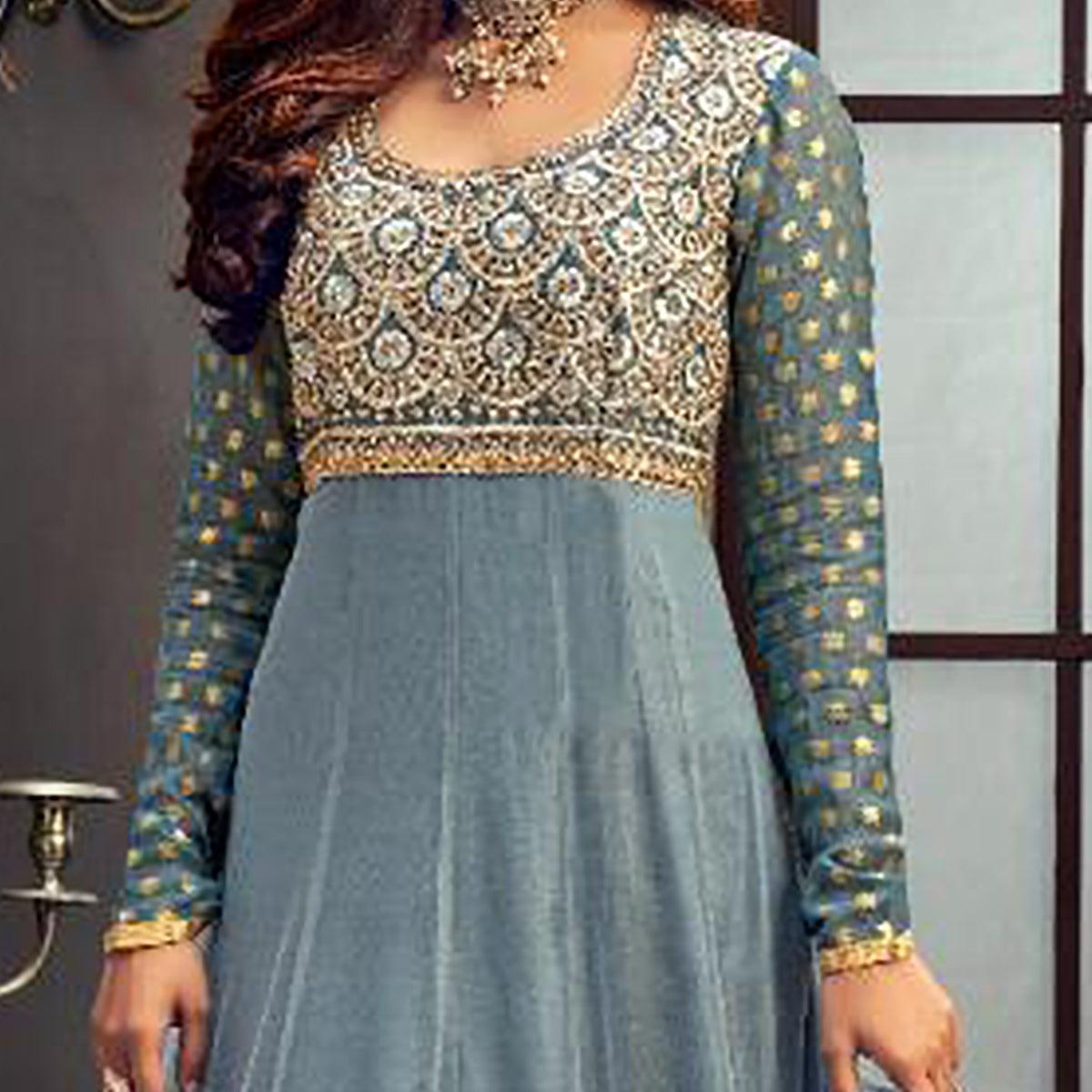 Attractive Green-Beige Coloured Embroidered Partywear Butterfly Net Anarkali Suit - Peachmode