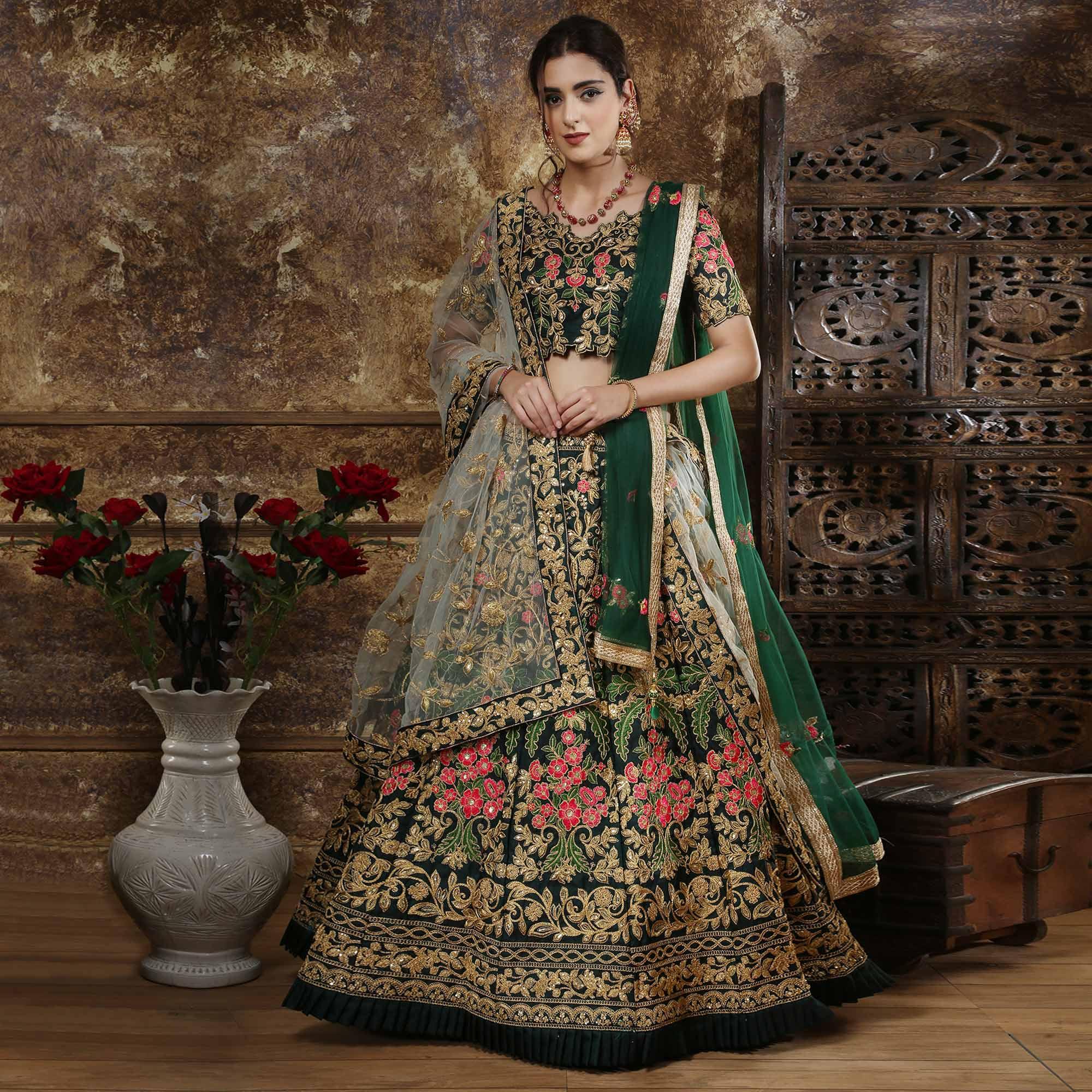Attractive Green Color Party Wear Embroidered Taffeta Satin Lehenga Choli - Peachmode