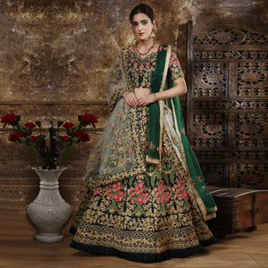 Attractive Green Color Party Wear Embroidered Taffeta Satin Lehenga Choli - Peachmode