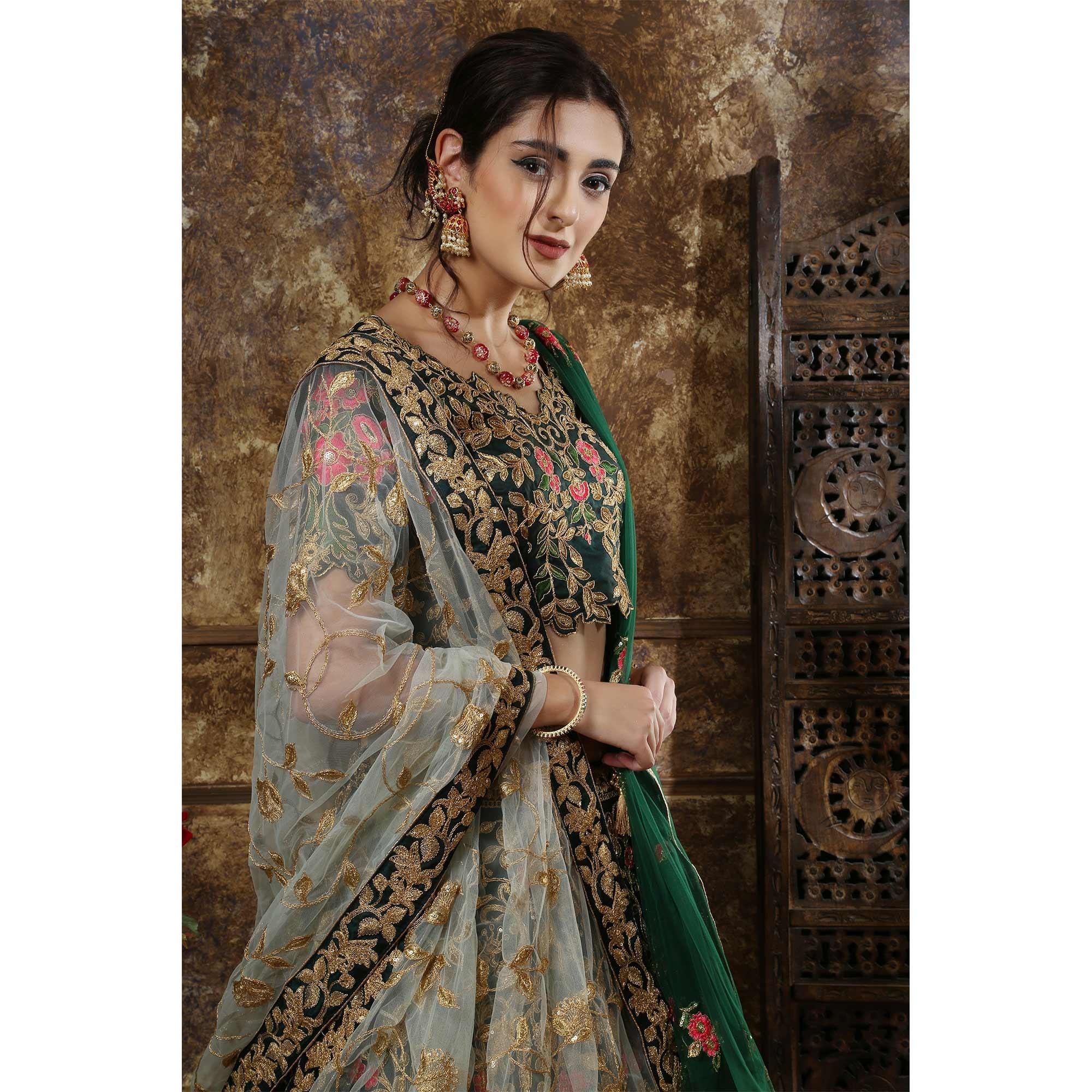 Attractive Green Color Party Wear Embroidered Taffeta Satin Lehenga Choli - Peachmode