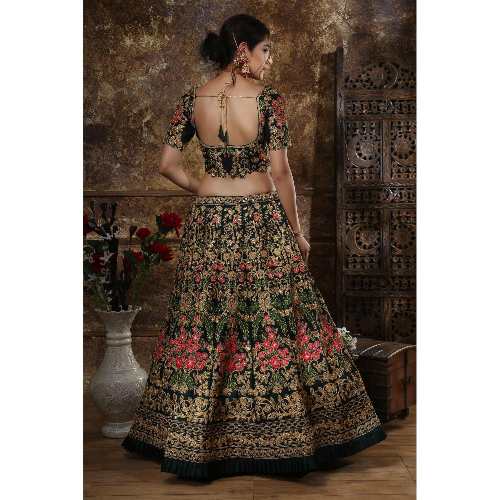 Attractive Green Color Party Wear Embroidered Taffeta Satin Lehenga Choli - Peachmode