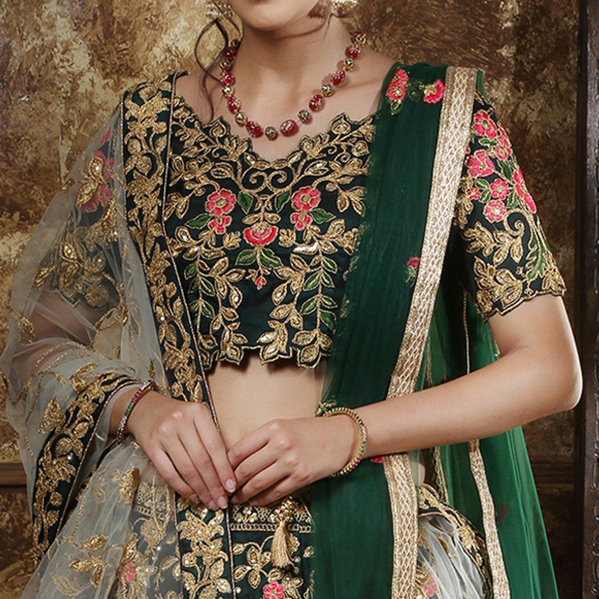 Attractive Green Color Party Wear Embroidered Taffeta Satin Lehenga Choli - Peachmode