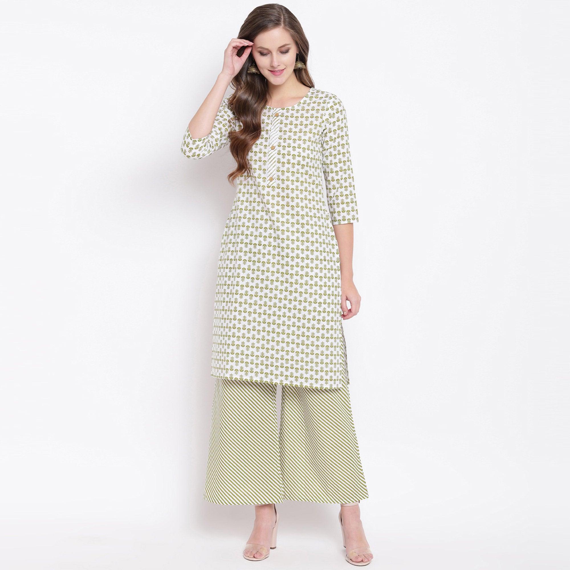 Attractive Green Colored Casual Printed Cotton Kurti-Palazzo Set - Peachmode