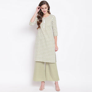 Attractive Green Colored Casual Printed Cotton Kurti-Palazzo Set - Peachmode