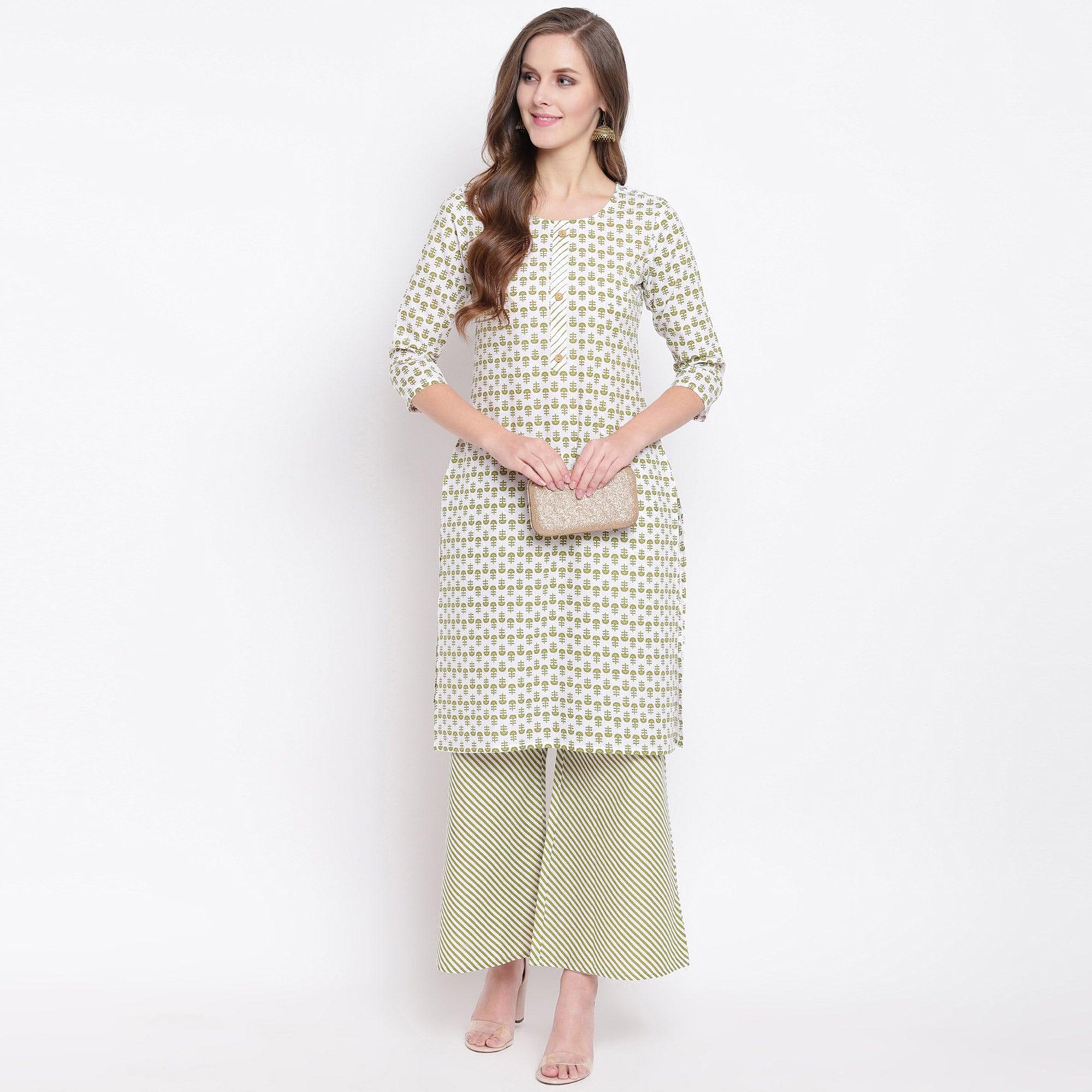Attractive Green Colored Casual Printed Cotton Kurti-Palazzo Set - Peachmode