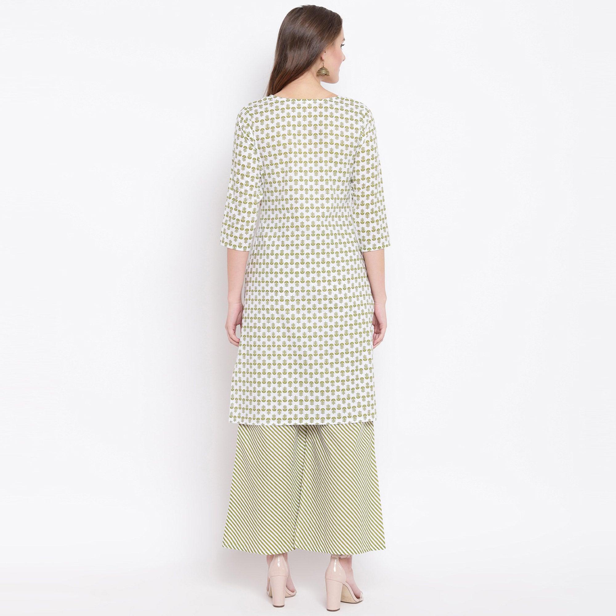 Attractive Green Colored Casual Printed Cotton Kurti-Palazzo Set - Peachmode