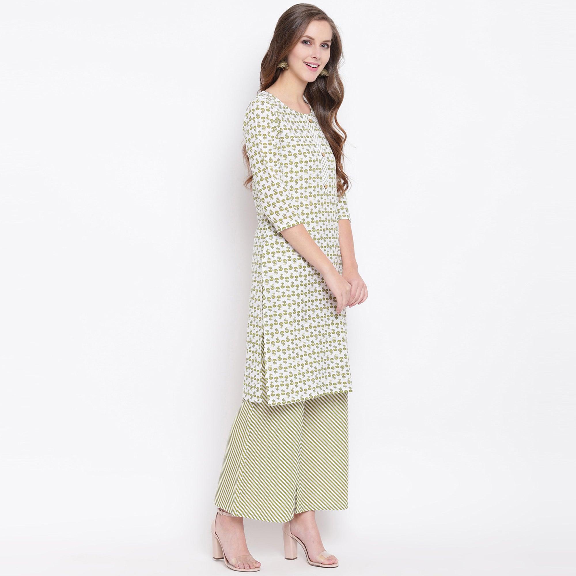 Attractive Green Colored Casual Printed Cotton Kurti-Palazzo Set - Peachmode