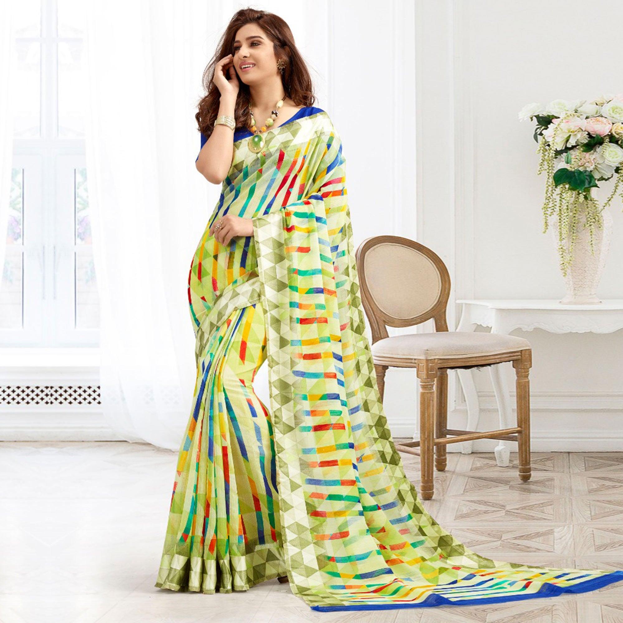 Attractive Green Colored Casual Printed Cotton Saree - Peachmode