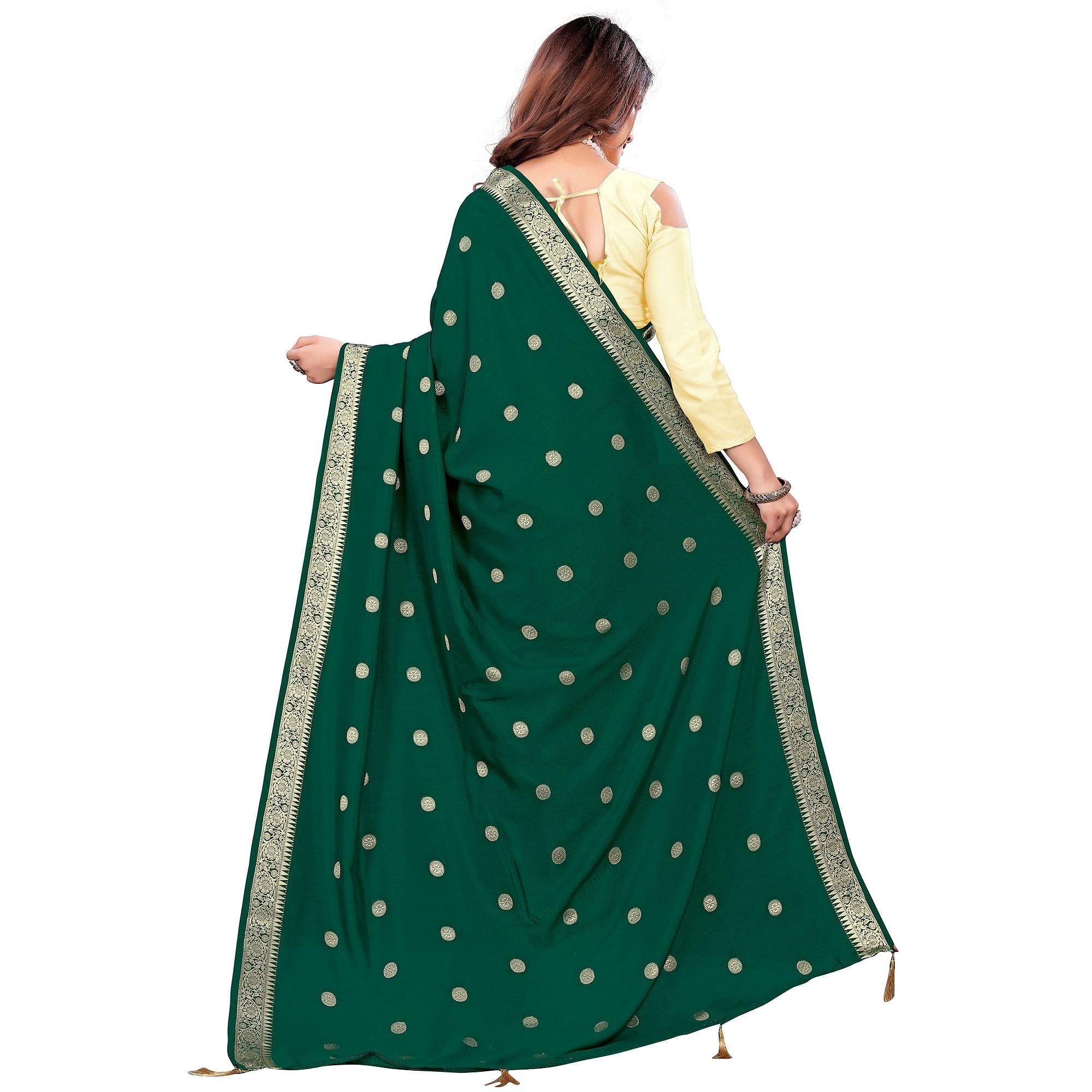 Attractive Green Colored Casual Wear Embroidered Art Silk Saree With Tassels - Peachmode