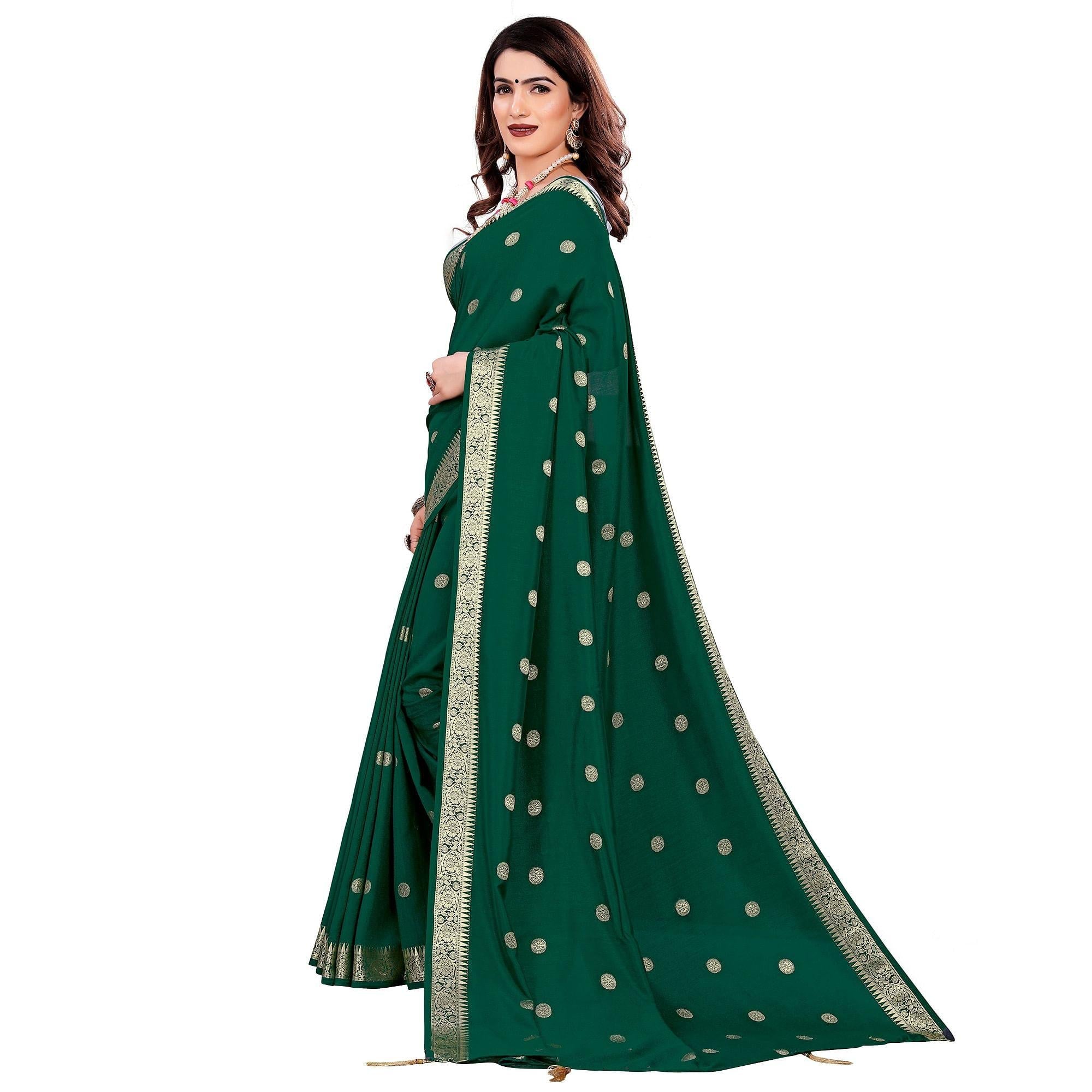 Attractive Green Colored Casual Wear Embroidered Art Silk Saree With Tassels - Peachmode