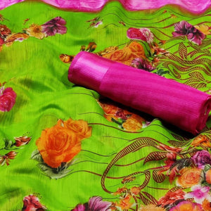 Attractive Green Colored Casual Wear Fancy Printed Linen Saree - Peachmode