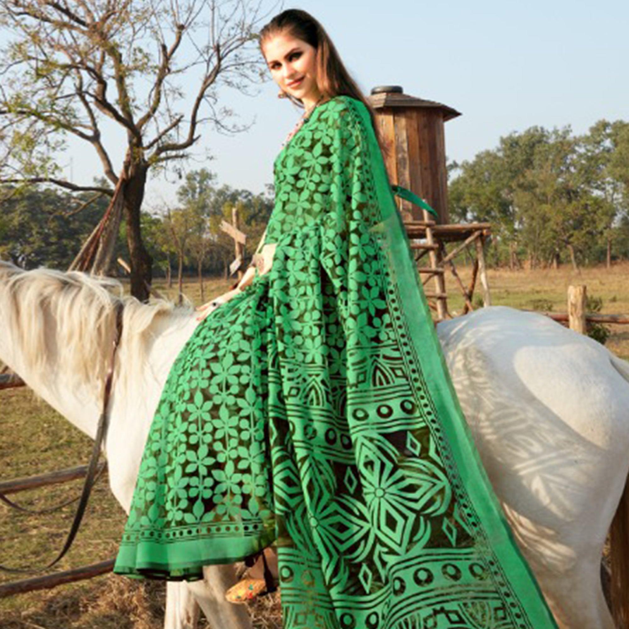 Attractive Green Colored Casual Wear Printed Brasso Saree - Peachmode