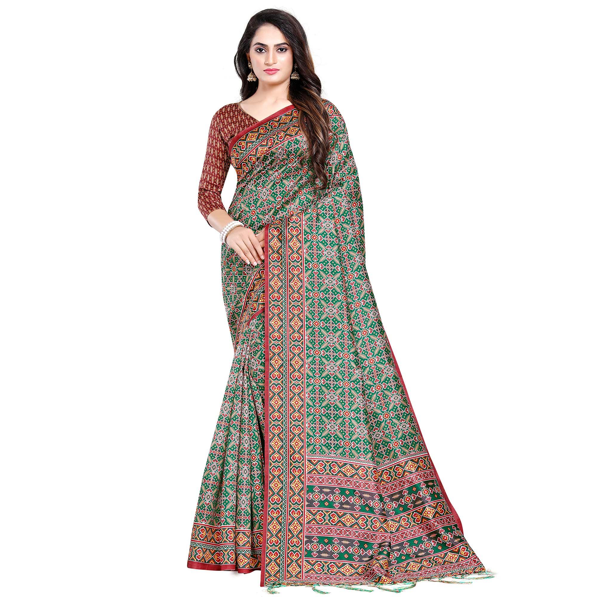 Attractive Green Colored Festive Wear Printed Silk Saree - Peachmode