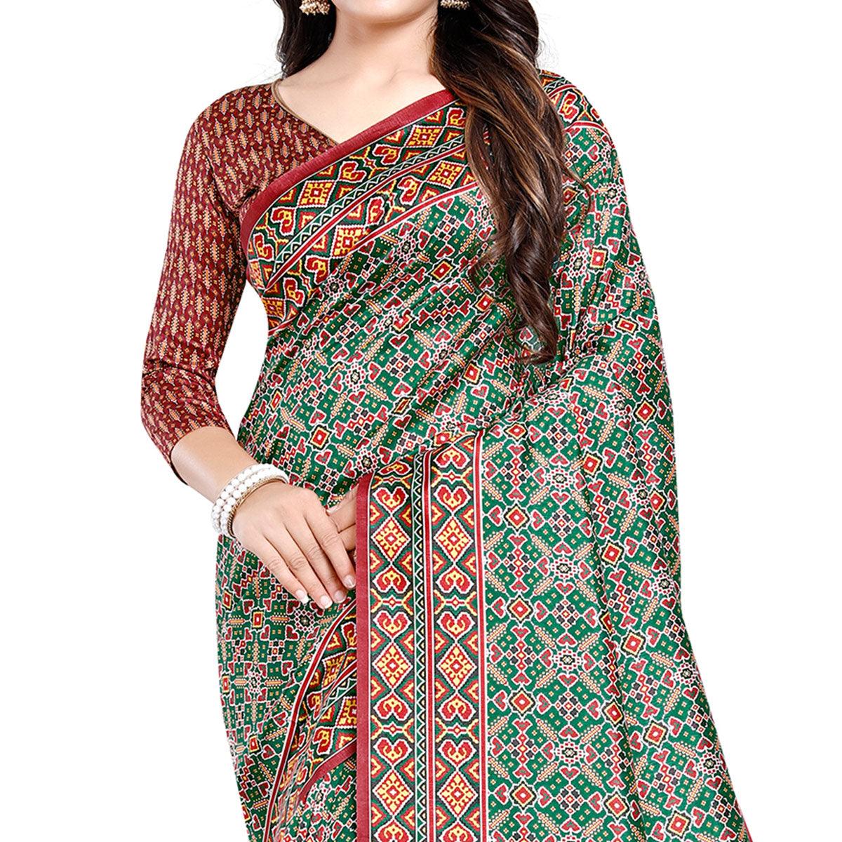 Attractive Green Colored Festive Wear Printed Silk Saree - Peachmode