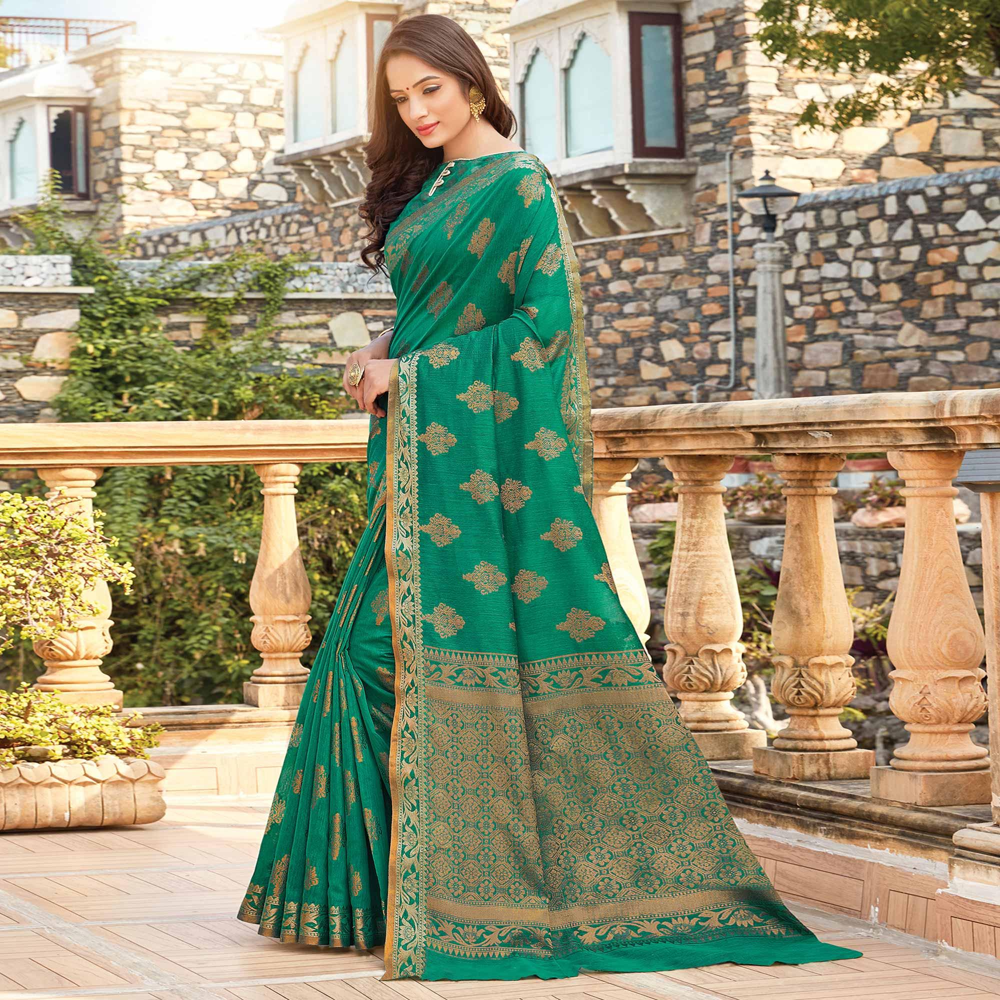 Attractive Green Colored Festive Wear Woven Cotton Silk Saree - Peachmode