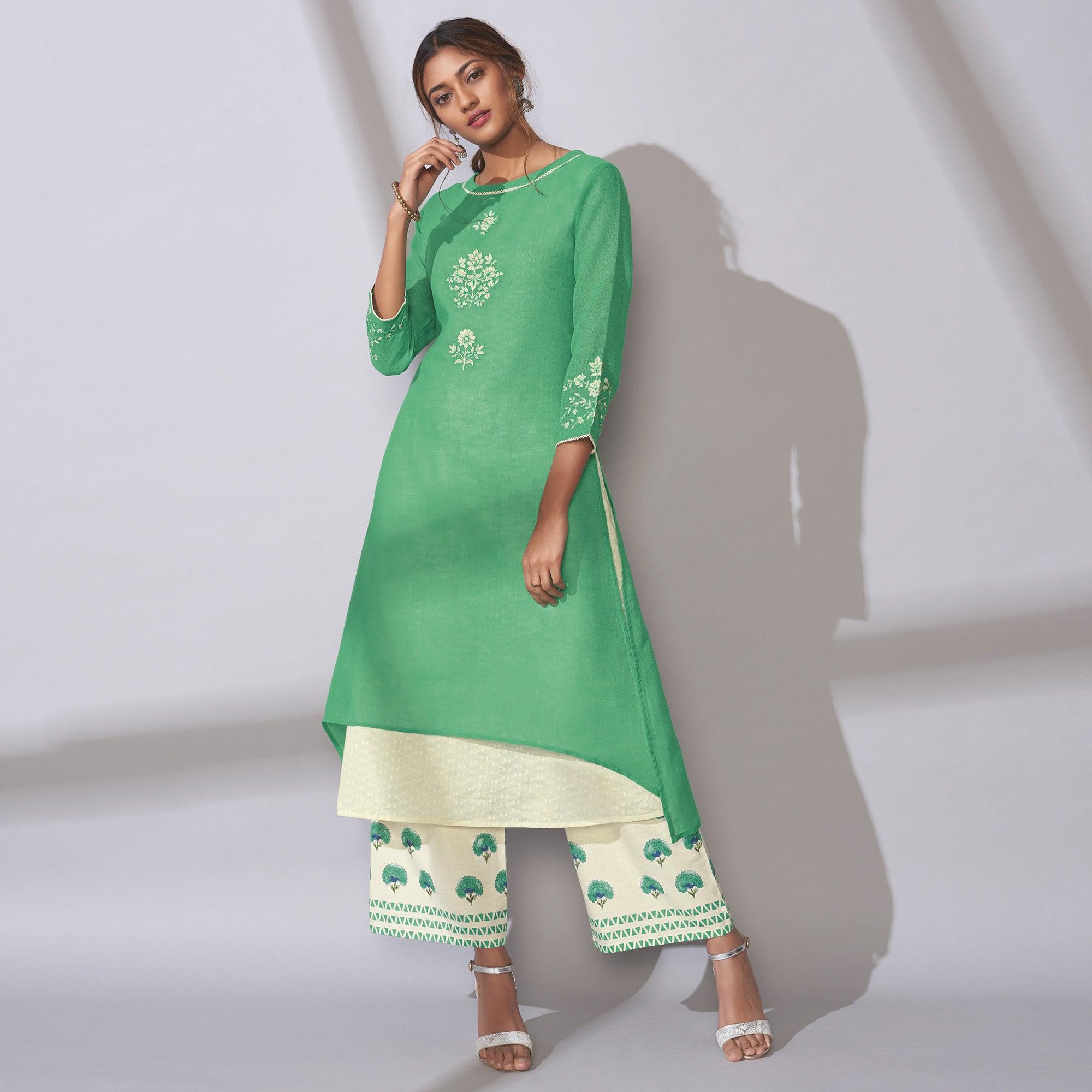 Attractive Green Colored Party Wear Embroidered Khadi Cotton Kurti-Palazzo Set - Peachmode