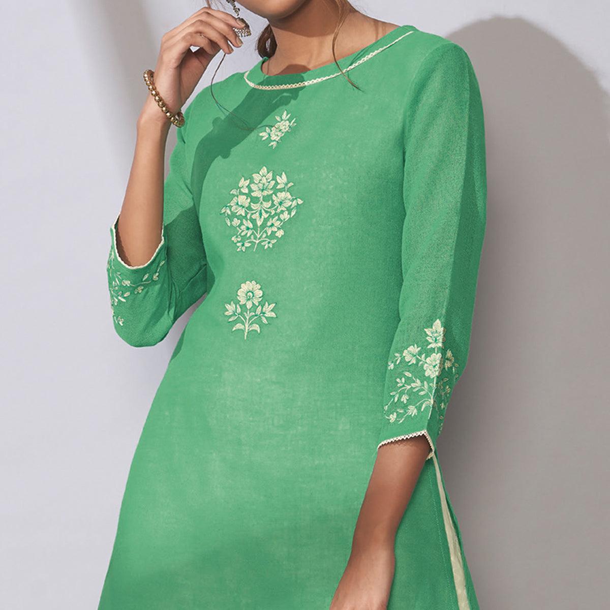 Attractive Green Colored Party Wear Embroidered Khadi Cotton Kurti-Palazzo Set - Peachmode