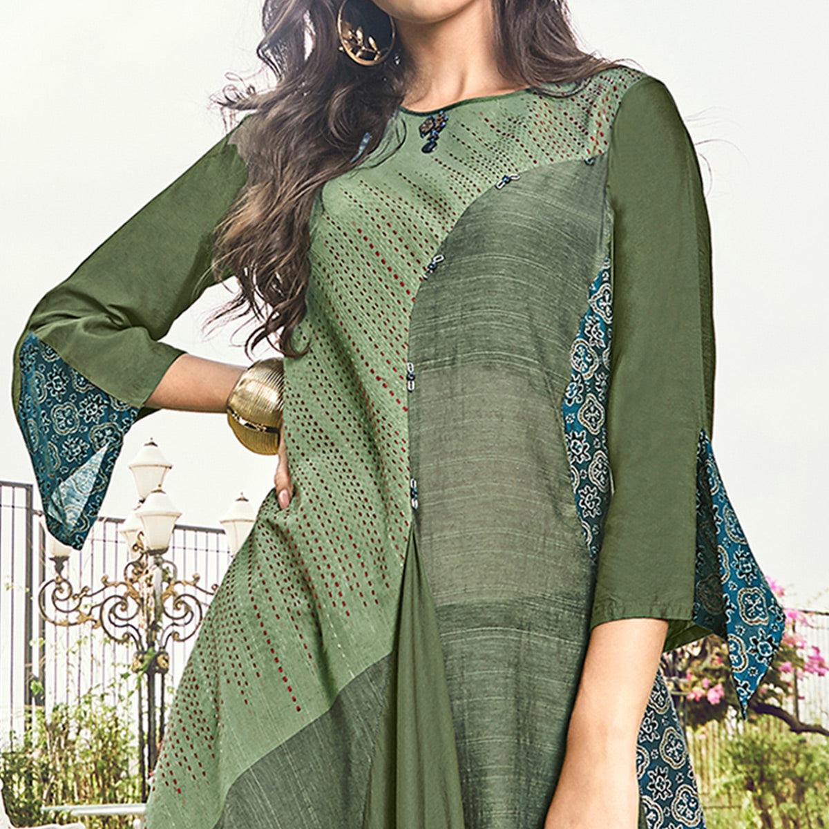 Attractive Green Colored Party Wear Printed Modal-Jacquard Long Kurti - Peachmode