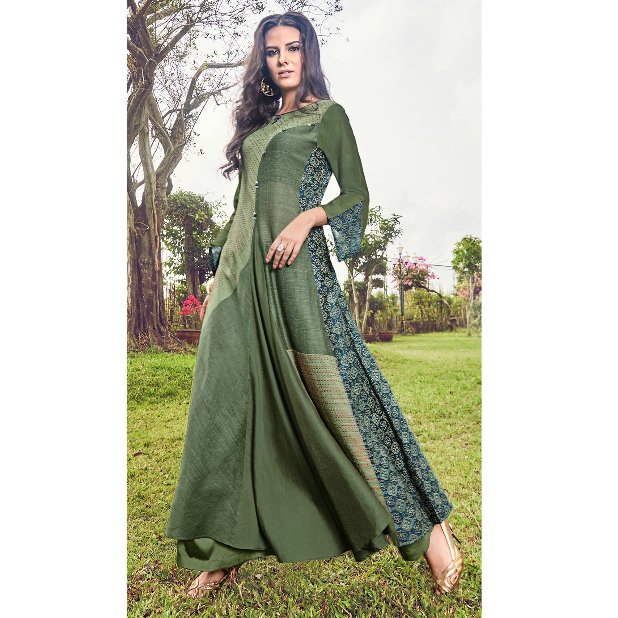 Attractive Green Colored Party Wear Printed Modal-Jacquard Long Kurti - Peachmode
